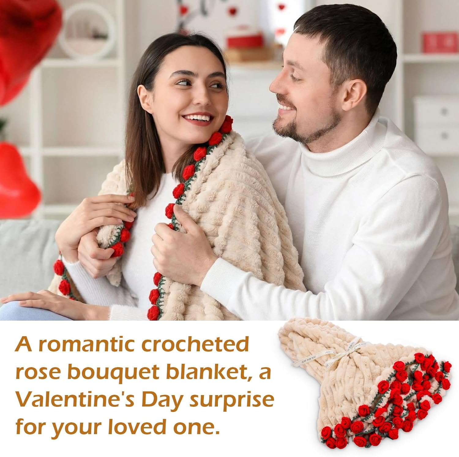 59 Inch Crochet Flowers Bouquet Rose Blanket with Gift Bag Handmade Knitted Throw Blanket Soft Lightweight Romantic Gifts for Valentines, Mother's Day, Birthday, Wedding(Red) - Image 4