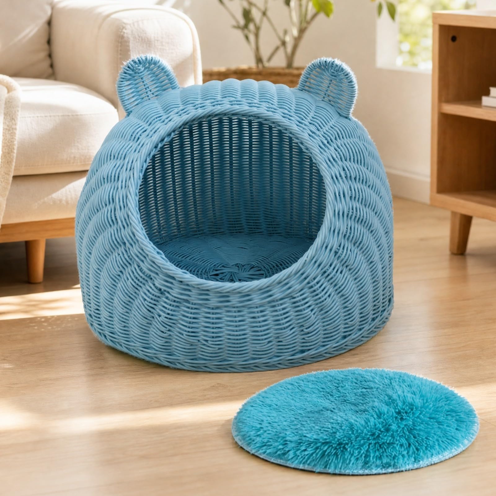 Cesta Cesto Mimbre Redondo Tejido Orgánico con Cojín Lavable Transpirable Diseño Orejas Atractivo Adecuada para Mascotas Acogedor Dormitorio, L
