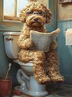 EZDNKPI Funny Dog Cross Stitch Kit for Adults Beginners, 11CT Stamped Poodle Doodle on Toilet DIY Embroidery Set, Humorous Needlepoint Craft for Bathroom Wall Art Decor 12x16Inch