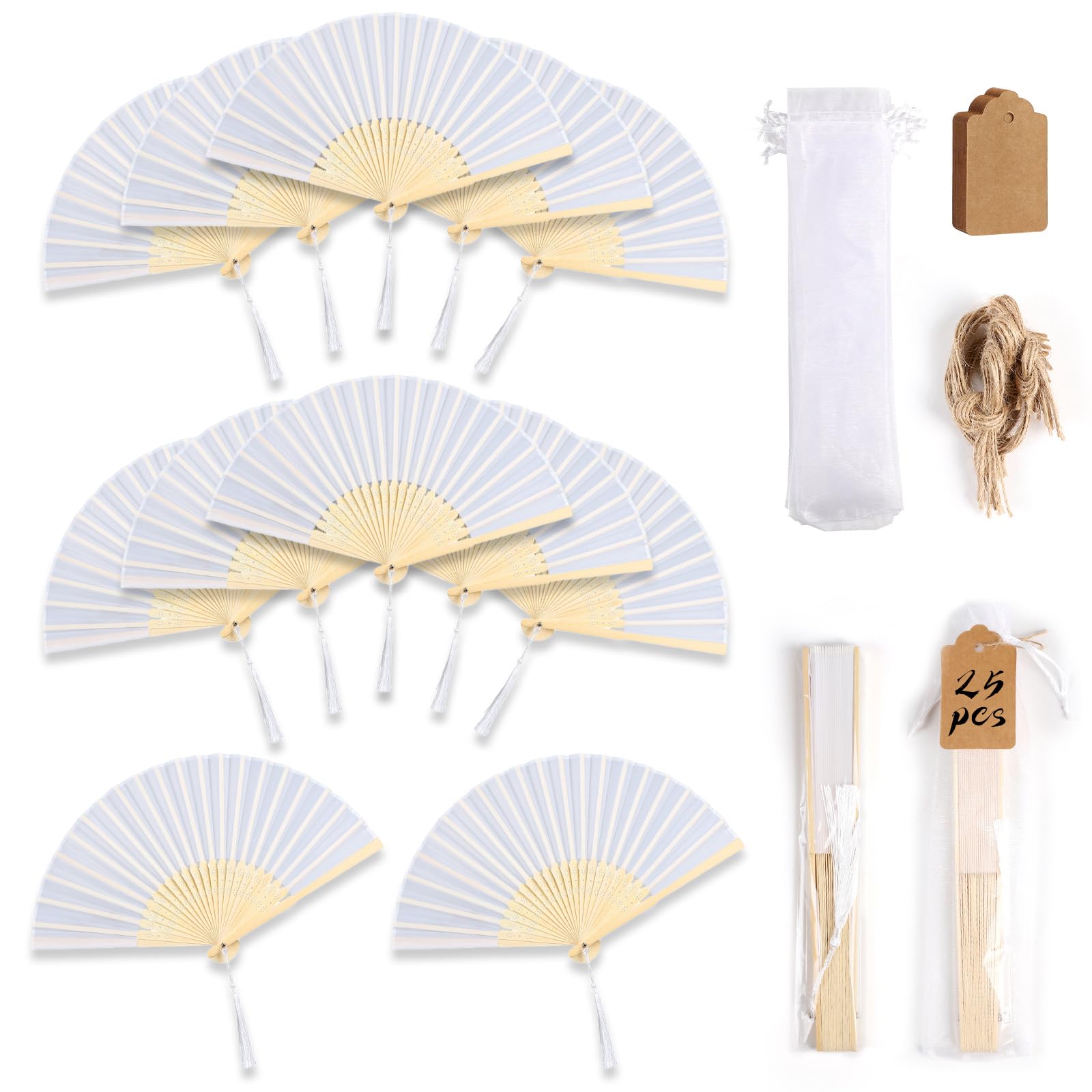 LALAGO 25 Piéces Éventails Pliants avec Frange en Soie, Ventilateurs Pliables, Ventilateur Pliant, Ventilateur Chinois pour Danse, Fête, Cadeau de Mariage, DIY, Décoration à la Maison (Blanc)