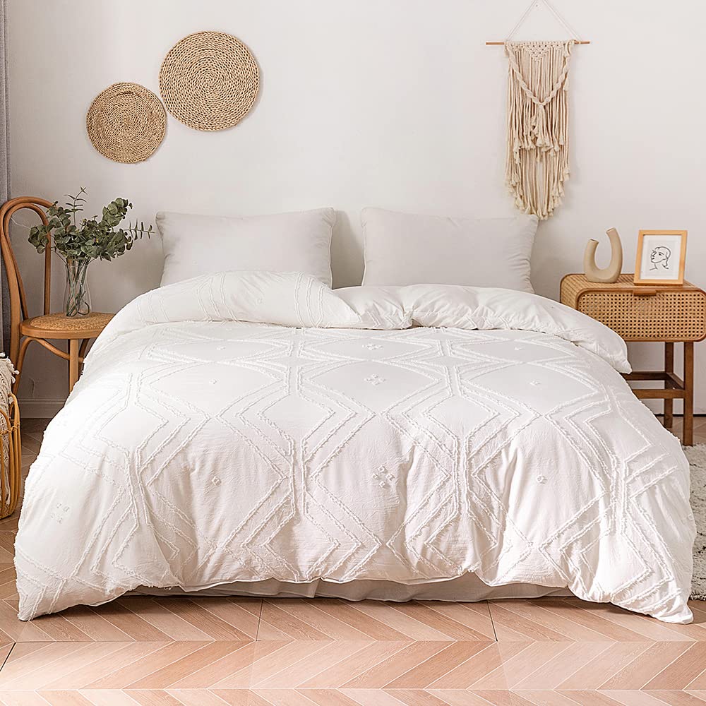Ensemble de literie fleur coupée géométrique blanche 230x260 cm de qualité supérieure pour grand lit