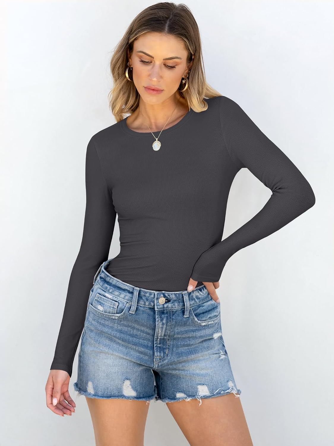 ANRABESS Women Long Sleeve Shirts Rib Knit Slim Fit Tops Basic Tee Spring Outfits Casual T-Shirt Underscrubs Layer Clothes thumbnail