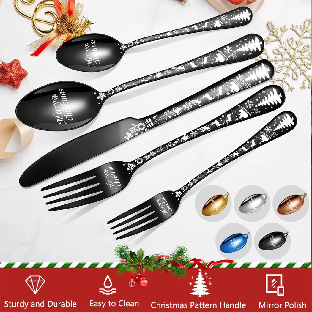 XIAOYU Weihnachtsbesteckset, 30-teilig, bestehend aus 12 x Gabeln, 12 x Löffeln, 6 x Messern, Edelstahl-Besteckset, einzigartiges dekoratives Besteckset mit Weihnachtsbaummuster, Roségold