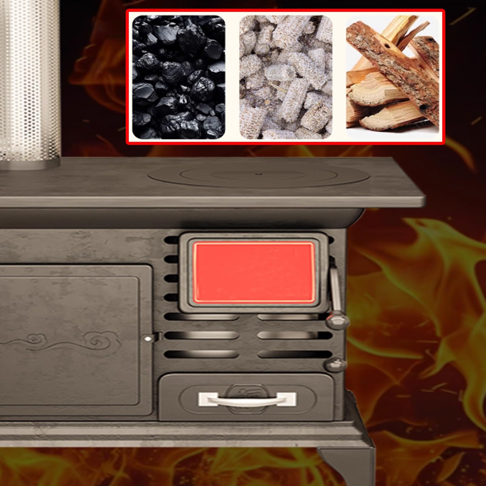 Estufa de leña sin humo para calefacción doméstica, multi-combustibles, acero manganeso y hierro, calentamiento rápido, chimenea de 200cm