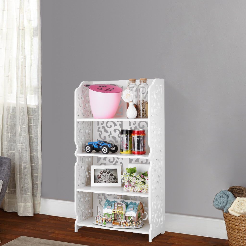 Finether 4-Tier Baroque Style Waterproof Display Shelving Units Modular Wood Plastic Composite Storage Rack Shelving Organizer for Kichen, Home, Bathroom Decorative Shelves, White