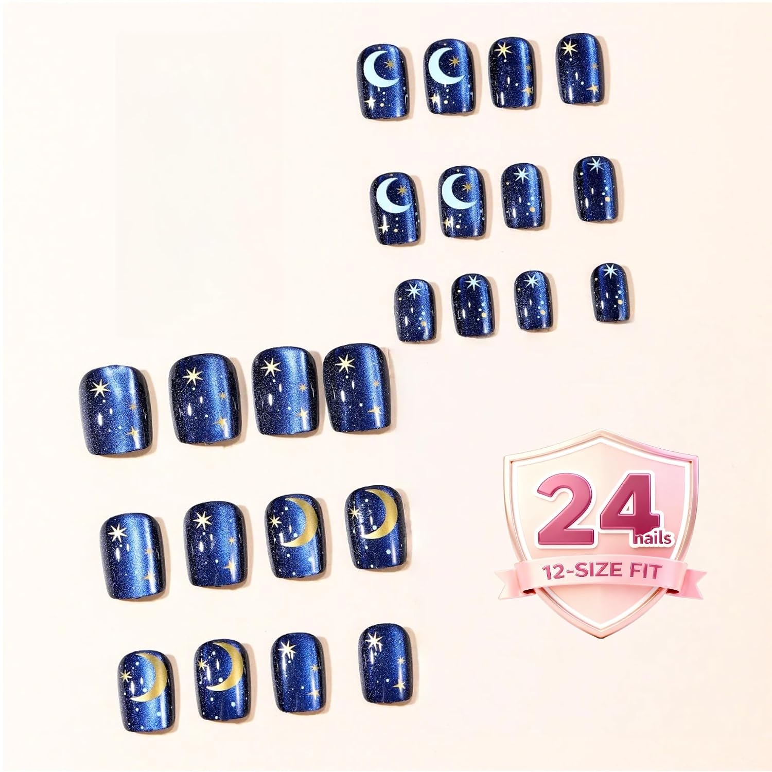 Soft Gel Press On Nails 24PCS Blue Moon Star Design Glossy Square Fake Nails Reusable Full Cover Stick On Nails for Women image 4