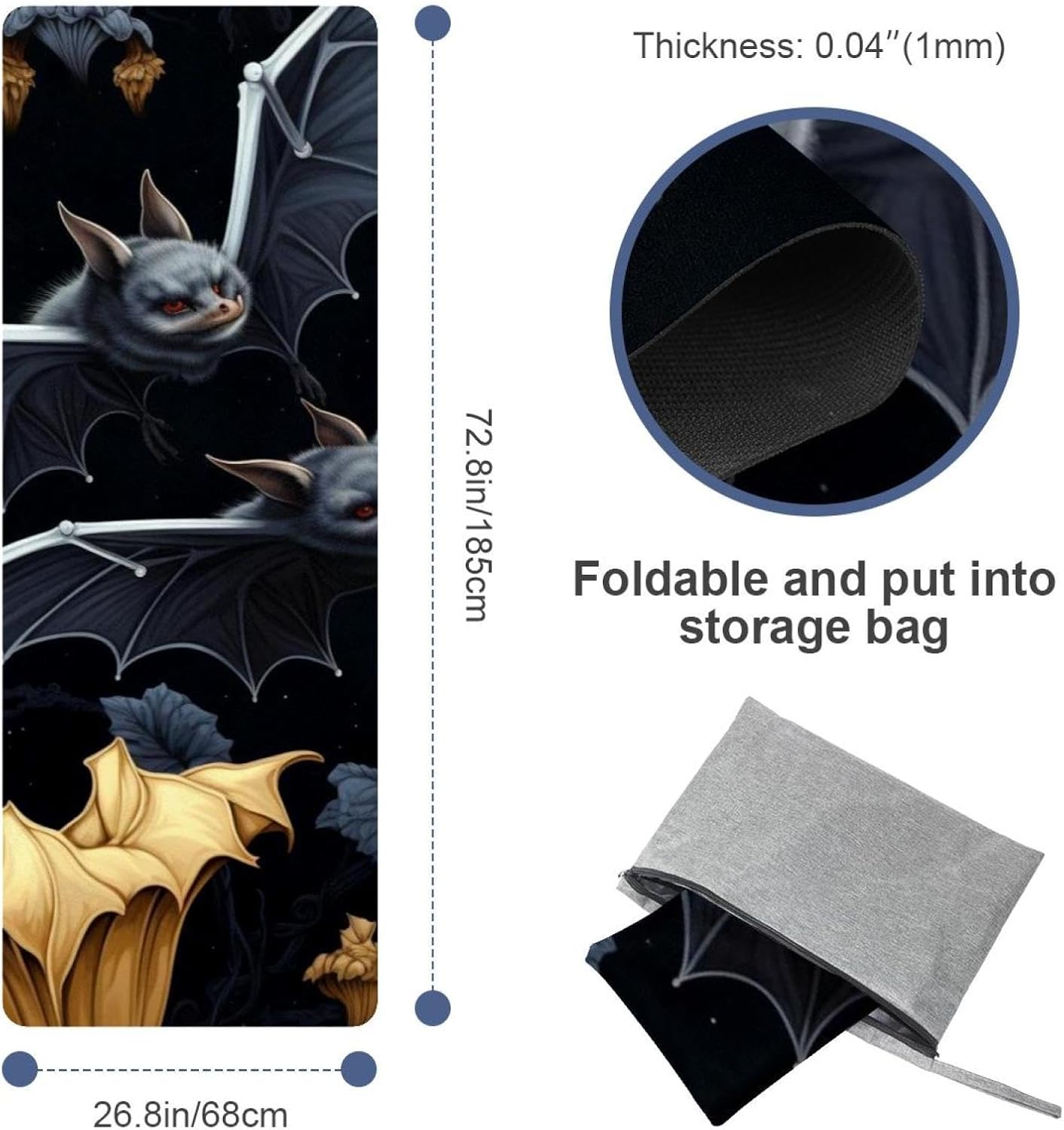 Yoga Towel, Bat Pattern Non Slip Sweat Absorbent Hot Yoga Mat Towel for Hot Yoga, Pilates and Fitness - 72.8" x 26.8"