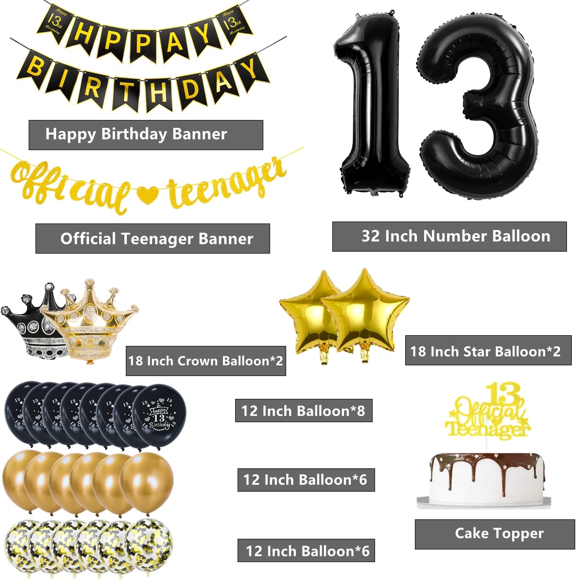 Torstenko Ballon 13e Anniversaire Décoration Garçon Fille Or Blanc Déco Feuille D'Or 13 Ans Femme Boy Joyeux