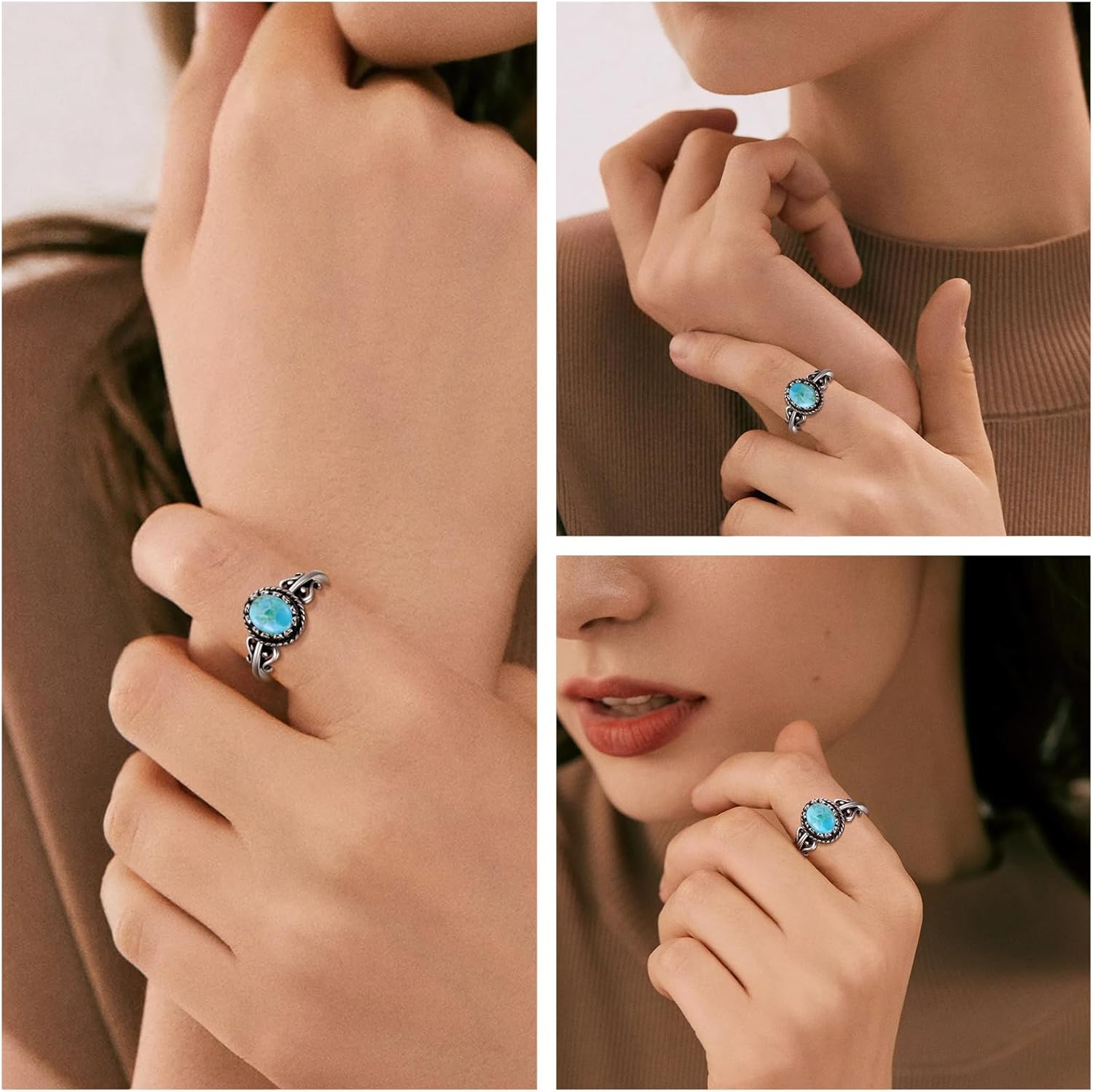 Turquoise Rings for Women, Adjustable Silver Statement Rings with Bezel Setting Teal Turquoise/Opal/Moonstone Vintage Stacking Ring for Women Birthday Anniversary Jewelry Gift Size 6-9 - Image 6