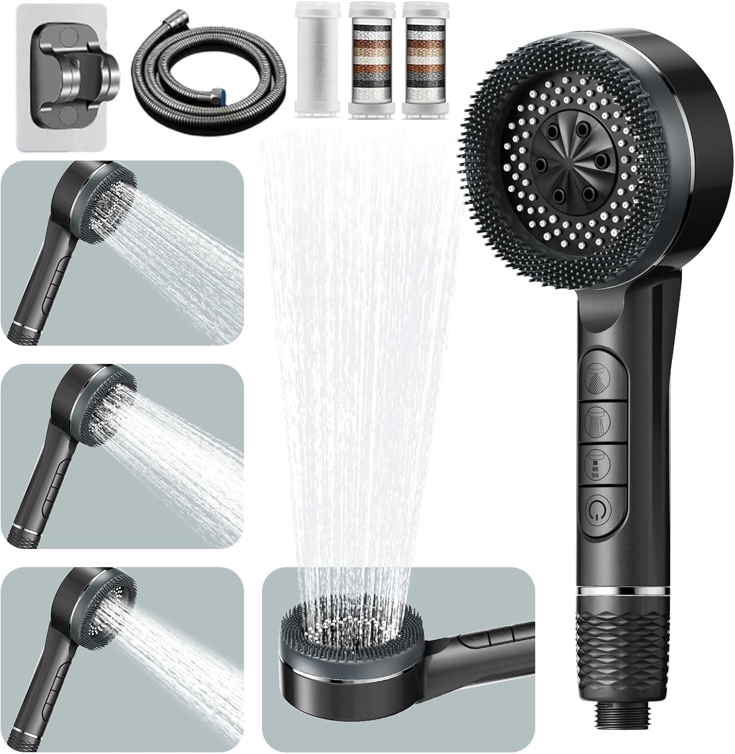 Skuurtfr Grey-2 High Pressure Shower Heads,With 15 Stage Filter,1.5M Shower Hose And Shower Stand,4 Spray Jet Modes High Pressure Bathroom Shower Head, With Pause Switch, Massage Water Saving Large Shower