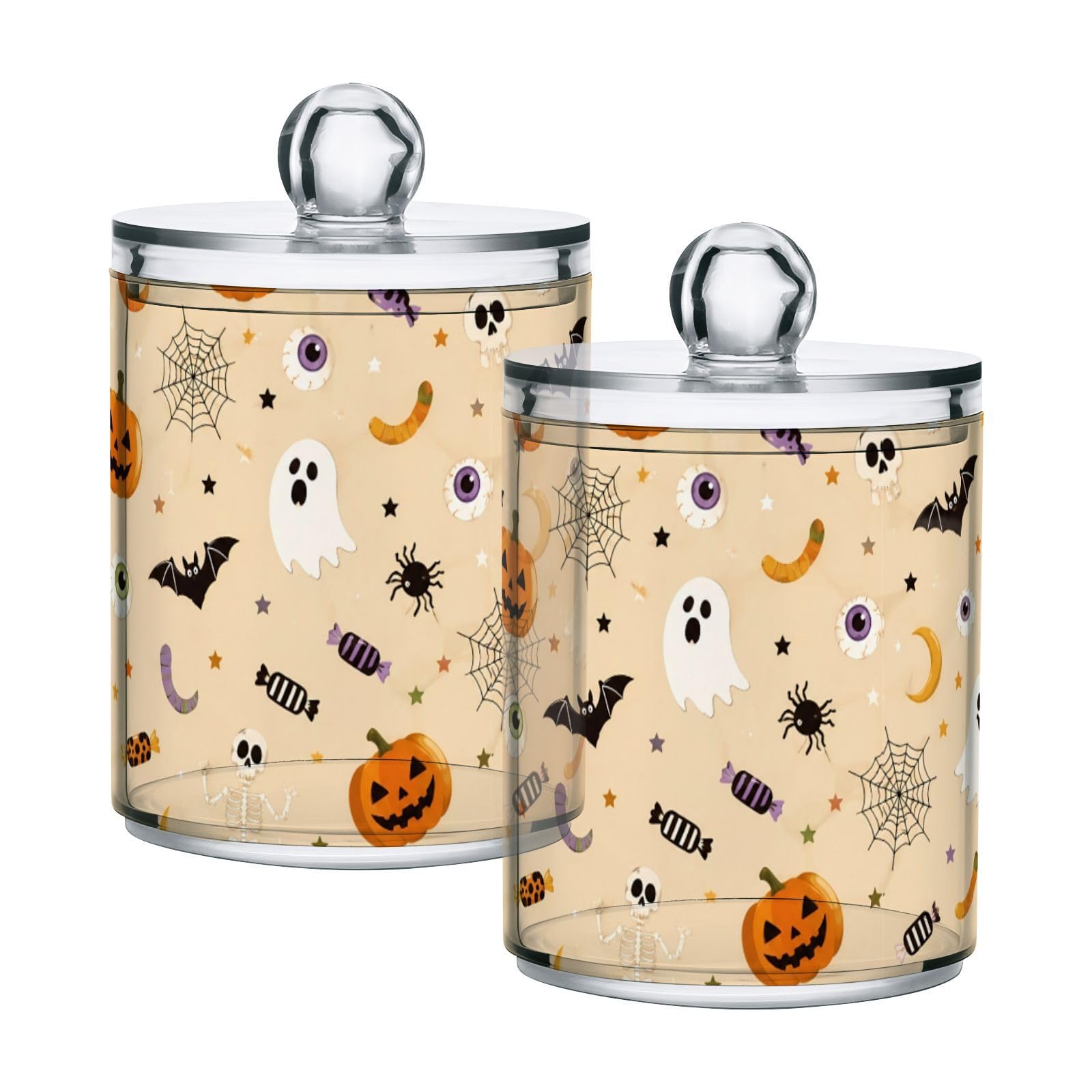 Lyeorm Candy Pumpkin Apothecary Jars with Lid 4 Pack Qtip Holder Dispenser Bathroom Storage Organizer Clear Plastic Canister Jar for Cotton Ball, Cotton Swab