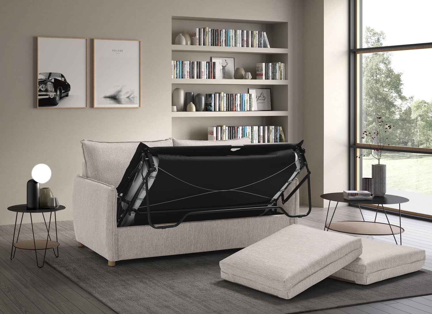 EVERGREENWEB - Divano Letto a 2 Posti con Materasso Memory 140x190, Sofà Soggiorno con Piedi in Legno Design Moderno, Struttura Rinforzata Pieghevole, Tessuto Beige Antimacchia, Cuscini Estraibili