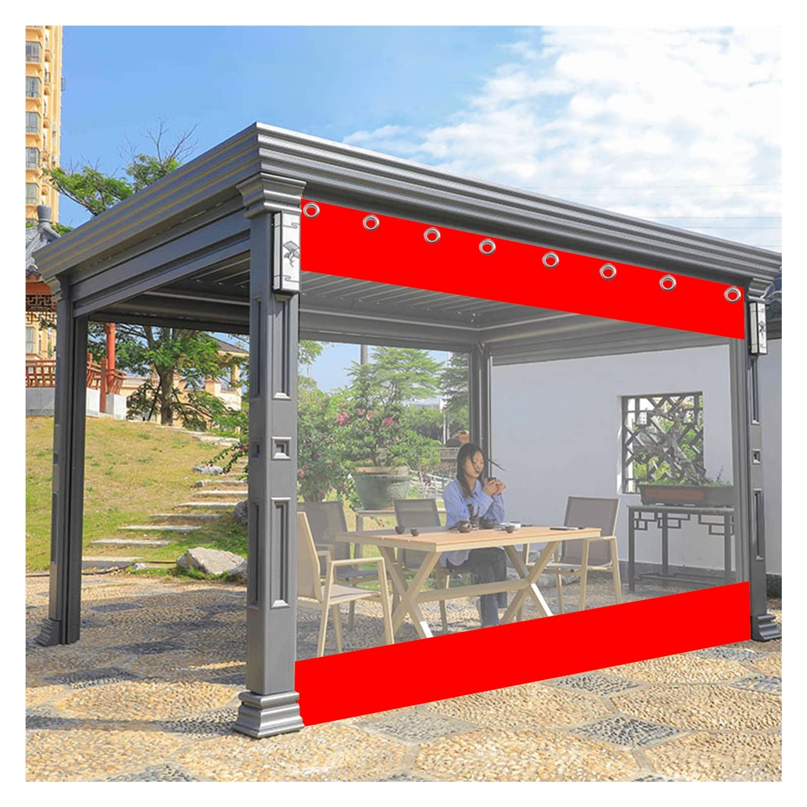 VagxTbs Multiple Colour Outdoor Curtain Heavy-duty Clear Workshop Curtain Garden Patio Gazebo Heavy-duty Waterproof Tarpaulin Side Panels (Red,4x2.5m/13.12x8.2ft)