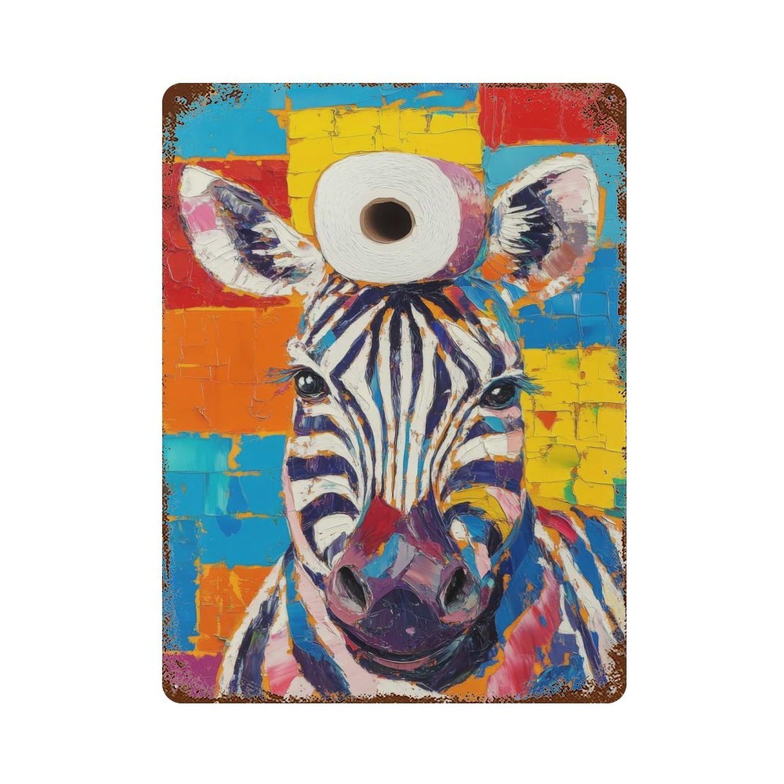 Distressed Metal Wall Sign with Zebra with Toilet Paper Design 15.7"x11.8", for Office, Studio And Wall Decor, Industrial Home Decor