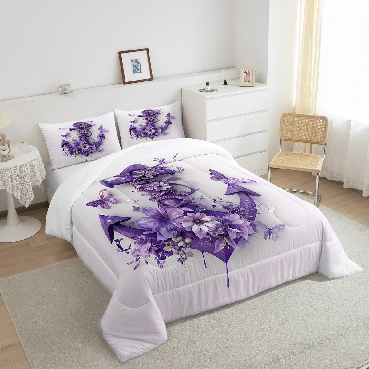Erosebridal Purple Anchor Girls Toddler Bedding Set Ocean Nautical Comforter Set Watercolor Butterfly Flowers Bedding Comforter Sets for Kids Teen Adults,Retro Anchor Rustic Style Quilt Duvet 2 Pcs