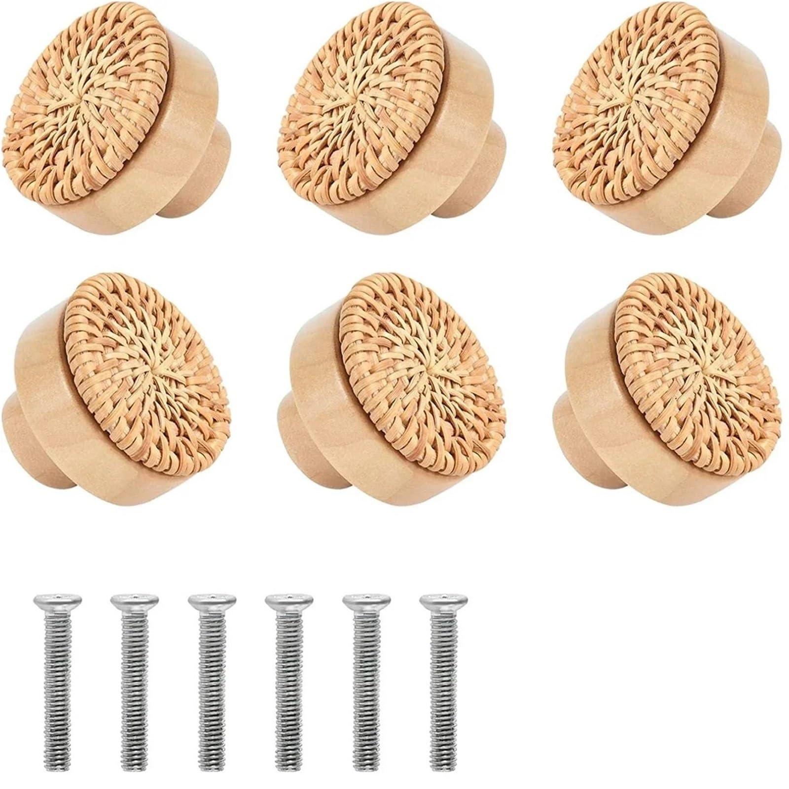 Lsnnmu One Color 6Pcs Rattan Wooden Drawer Knobs Round Handmade Woven Cabinets Dresser Furniture Handles Kitchen Cupboard Wardrobe Door Pulls For Home