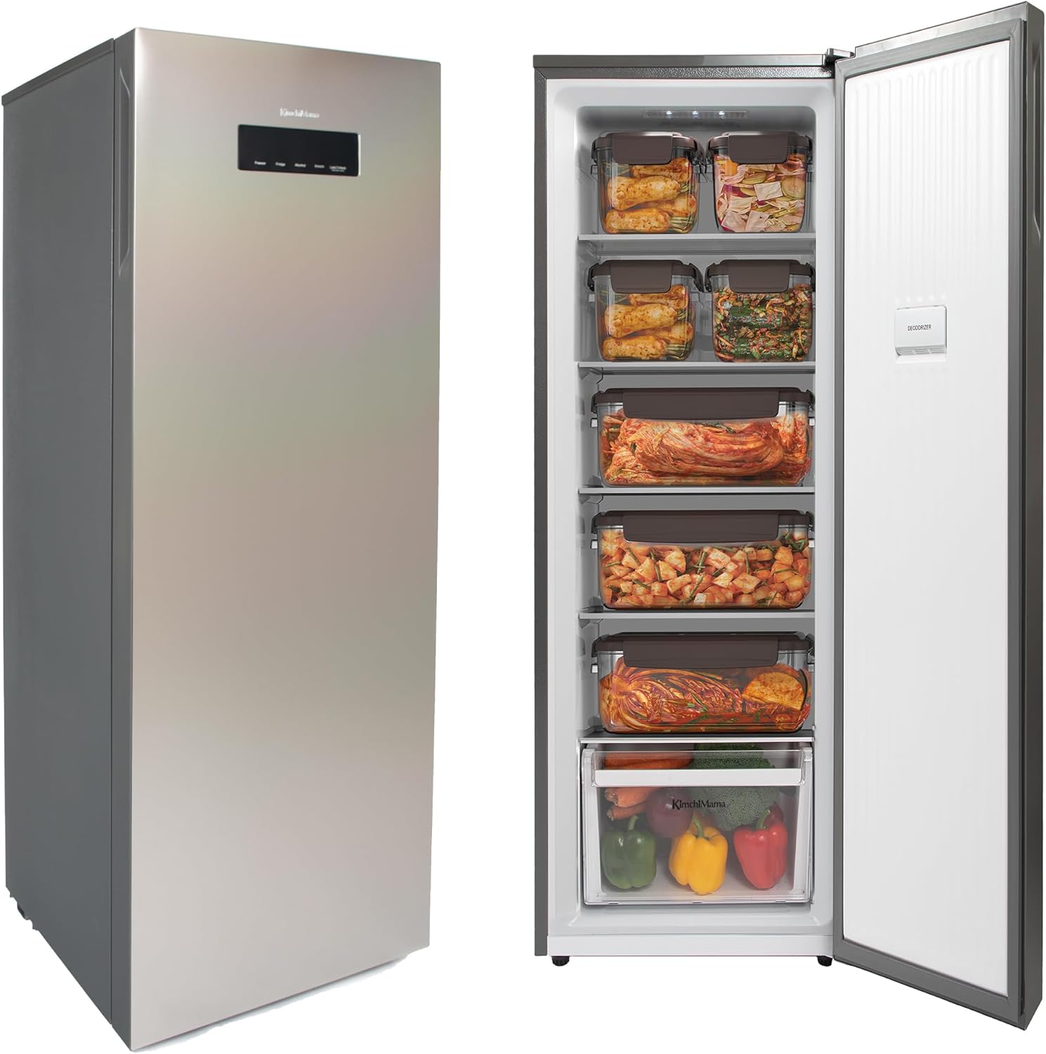Slim Kimchi Refrigerator for Kimchi Storage, Fermentation, Freezer, Fridge, & Alcohol - Brushed Silver - Sleek Compact Refrigerator, Precise Temp Control, 7 Containers, Deodorizing Filter, 4.3 cu. ft.