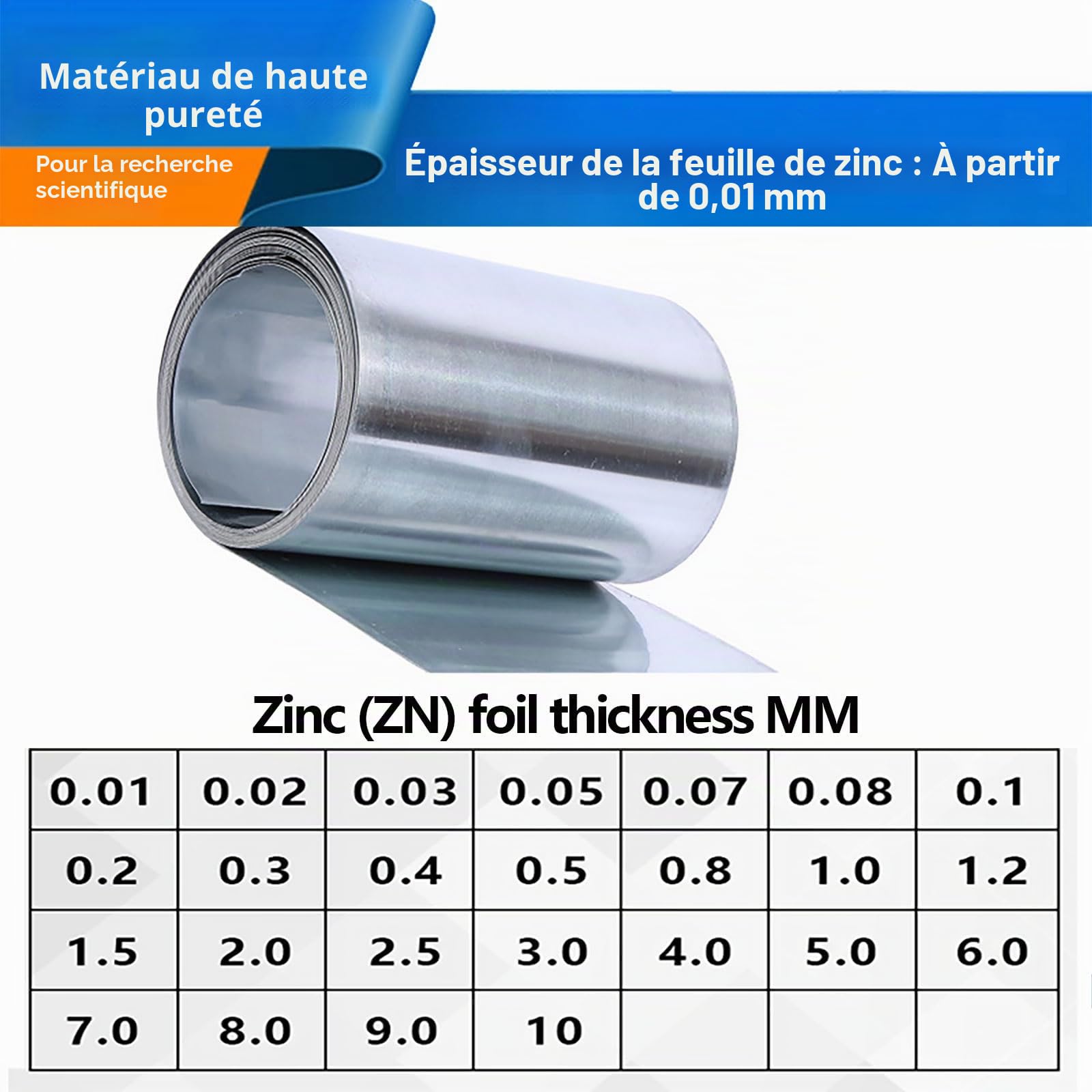 Feuille de Zinc Haute Pureté - Plaque 1m, Peau, Rouleau, Bande Métallique pour Laboratoire Scientifique, Bricolage, Artisanat, Travail des Métaux - 0.02x100mm