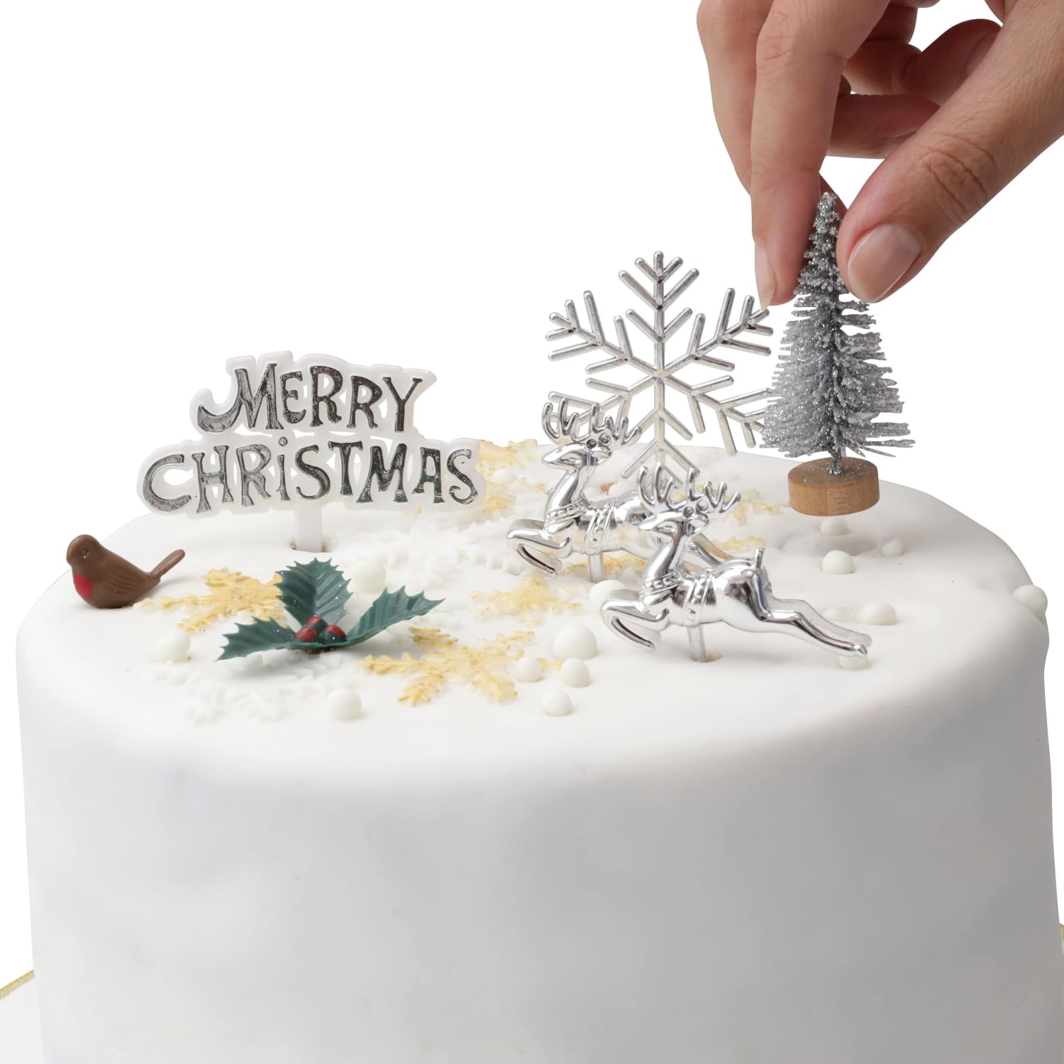 Evelay Cake Toppers Merry Christmas Cake Decoration 7pc silver gold Pieces Cupcake Toppers ylog Multi Purpose Decoration (7pc Silver)