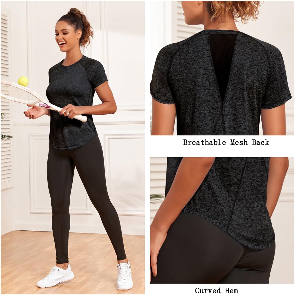 Women's Long Workout Tops,Short Sleeve Dry-Fit Mesh Open Back Loose Fit Gym Athletic Running Shirts Exercise Tee - Image 6