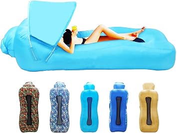 Inflatable Couch, Inflatable Lounger Air Sofa | No-Pump Blow Up Couch | Ergonomic Design, Air Couches Outdoor for Camping & Park & Beach, Upgrade Your Camping Accessories-with Sun ShadeBlue