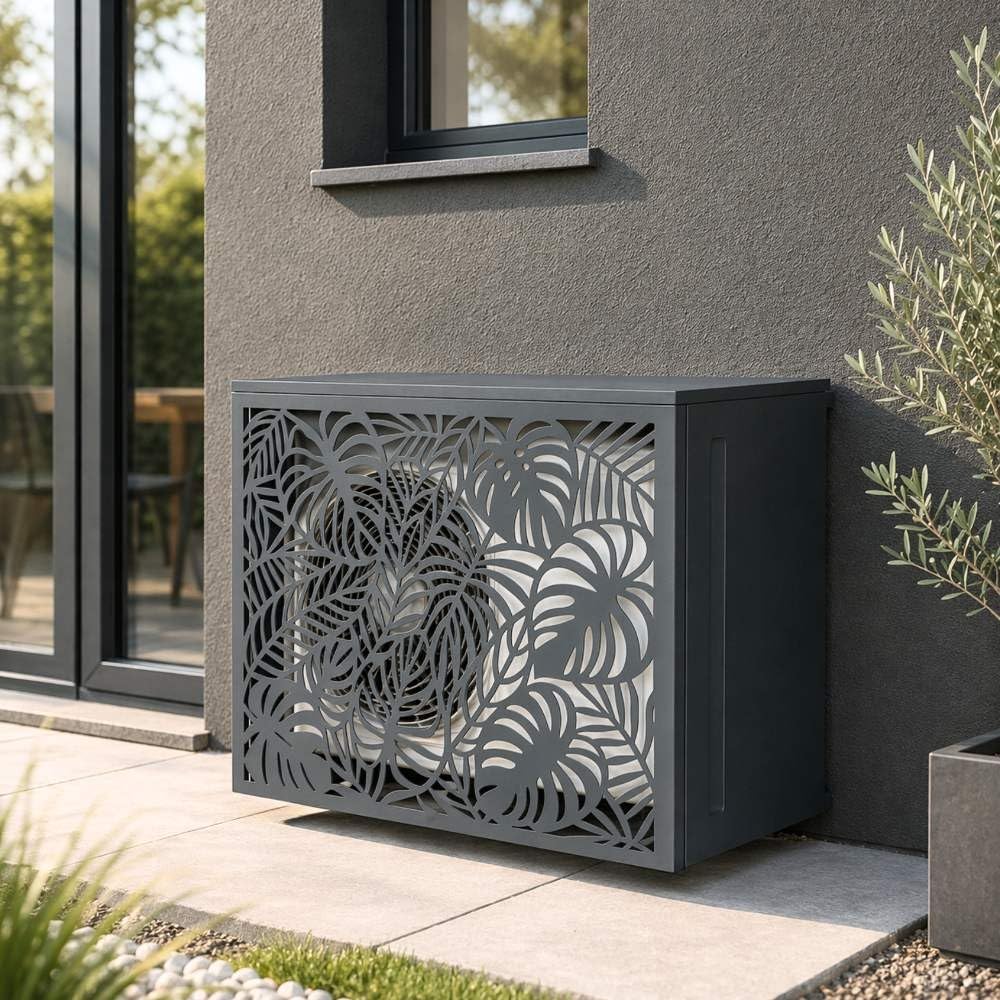 TERRE JARDIN Cache Climatiseur Exterieur 105x90x66,5 - Pompe a Chaleur Extérieur Métal - Kit Fixation Inclus - Cache Clim, Anti Intempéries - Discrétion, Protection, Réduction Bruit - Anthracite - 2