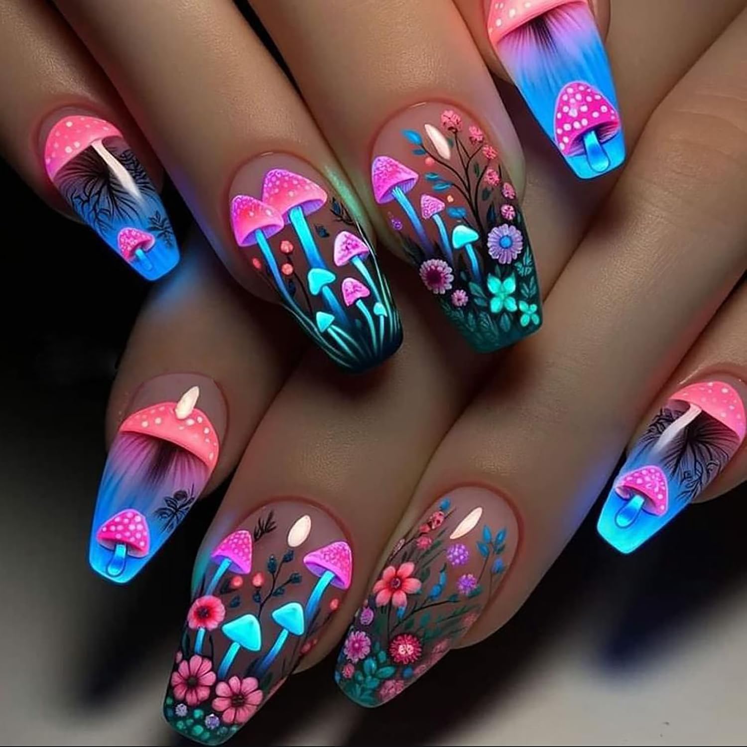 CJDLTS Mushroom Press on Nails Medium Ballet Shaped False Nails Fantasy Mushrooms and Flower Pattern Design Glitter Nails Full Cover Colorful Stick on