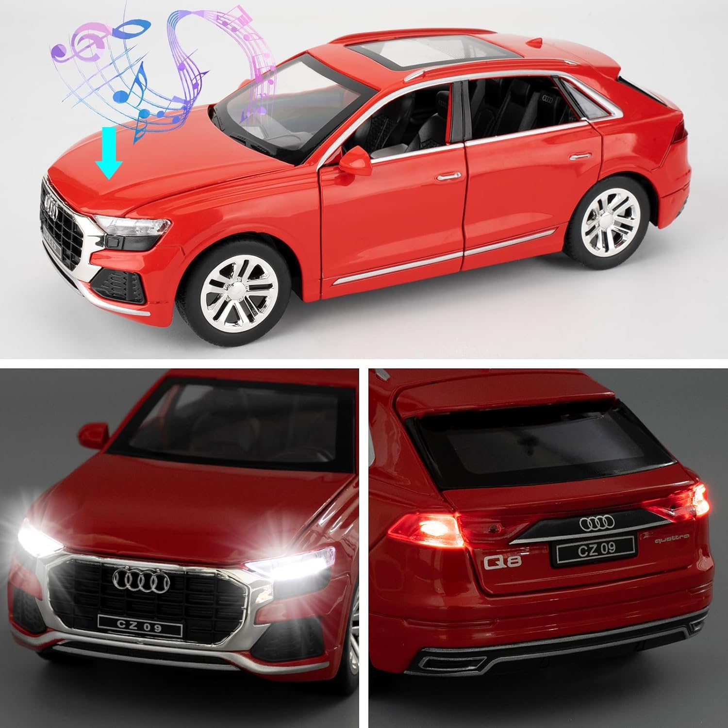 FUNABLO Exclusive Alloy Metal Pull Back Die-cast Car Model with Sound Light Mini Auto Toy for Kids Metal Model Toy Car with Sound and Light (1.24 Scale AODI Q8 - RED) 3