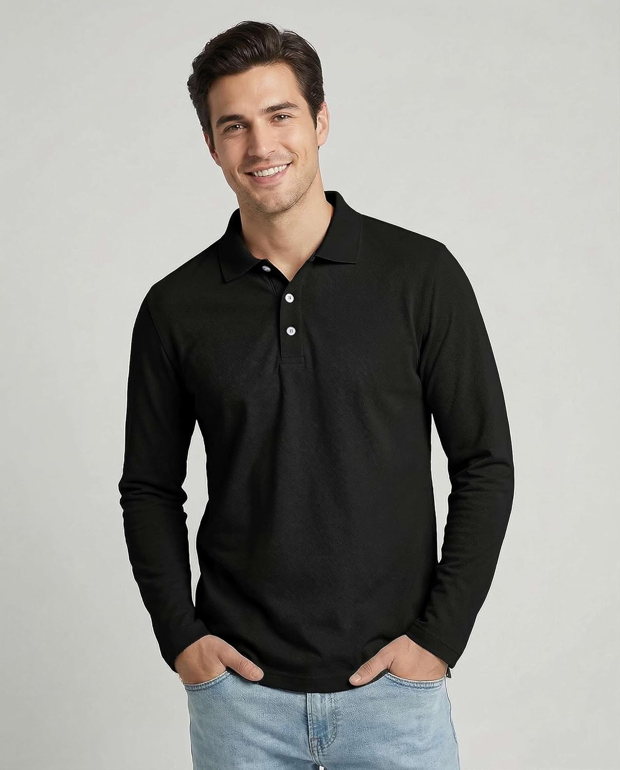 Real Essentials 4 Pack: Men's Long Sleeve Polo Shirts for Men - Cotton Pique Collared Athletic Golf Shirt Work & Casual