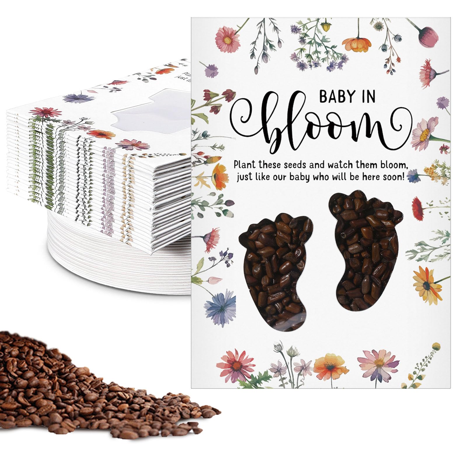 Fumete 50 Pack Footprint Style Baby in Bloom Baby Shower Favor for Guest Wildflower Seeds Packets Party Favor with Love Window Wildflower Seed