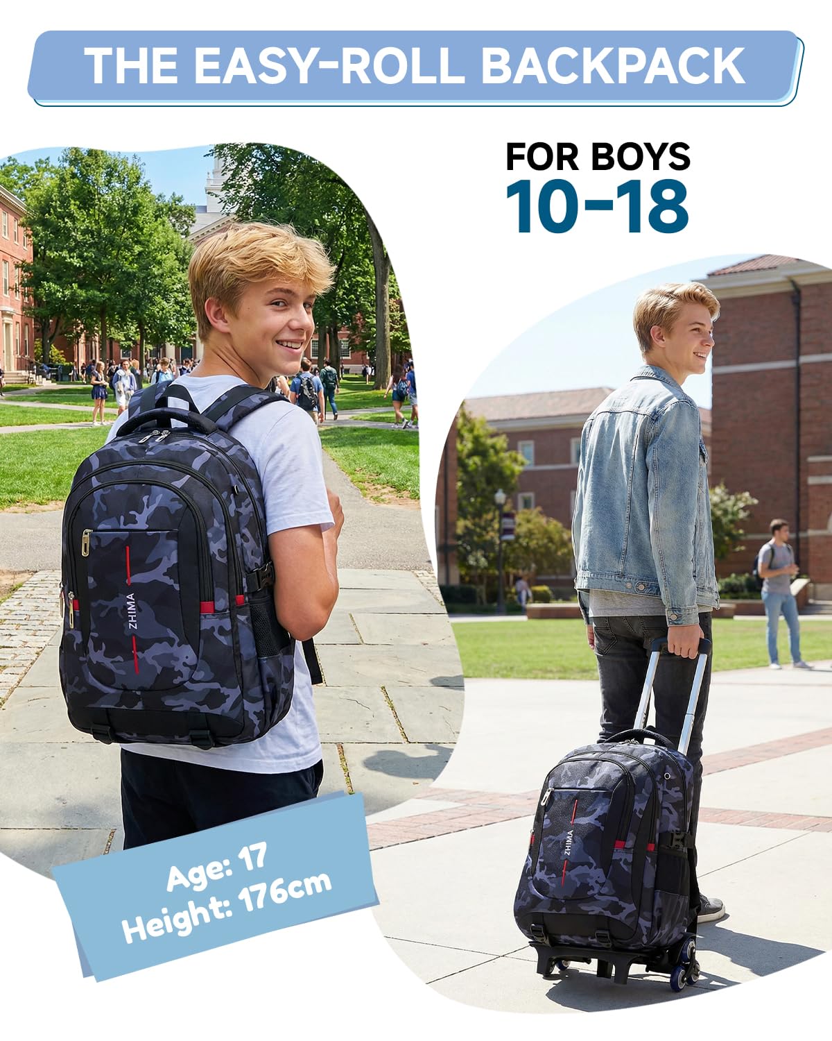 Amythe Zaino Scuola con Ruote per Ragazzi 6 Ruote Camouflage Nero | Trolley Scolastico con Carrello Estraibile, Zaino Ragazzo Scuola Elementare Medie e Superiori, PC 15.6", Ritorno / Viaggi