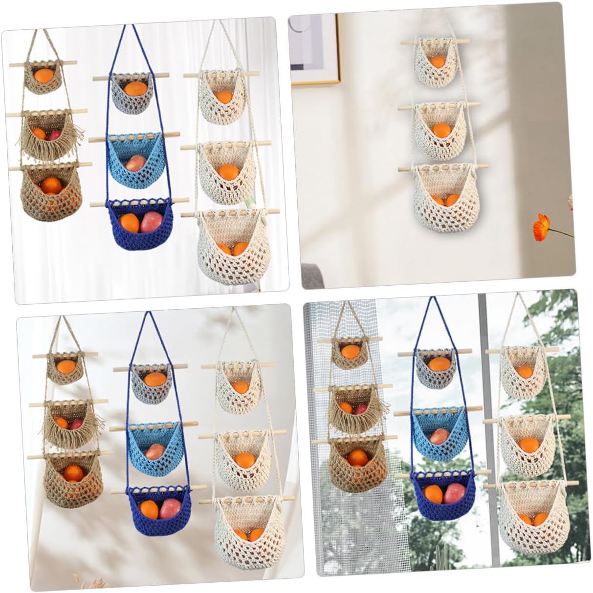 Luxshiny Hanging Fruit Organizer Basket with Woven Cotton Rope Large Capacity Kitchen Vegetable Storage Space-saving Wall Hanging Basket for Fruit Classification and Decorative Kitchen Use