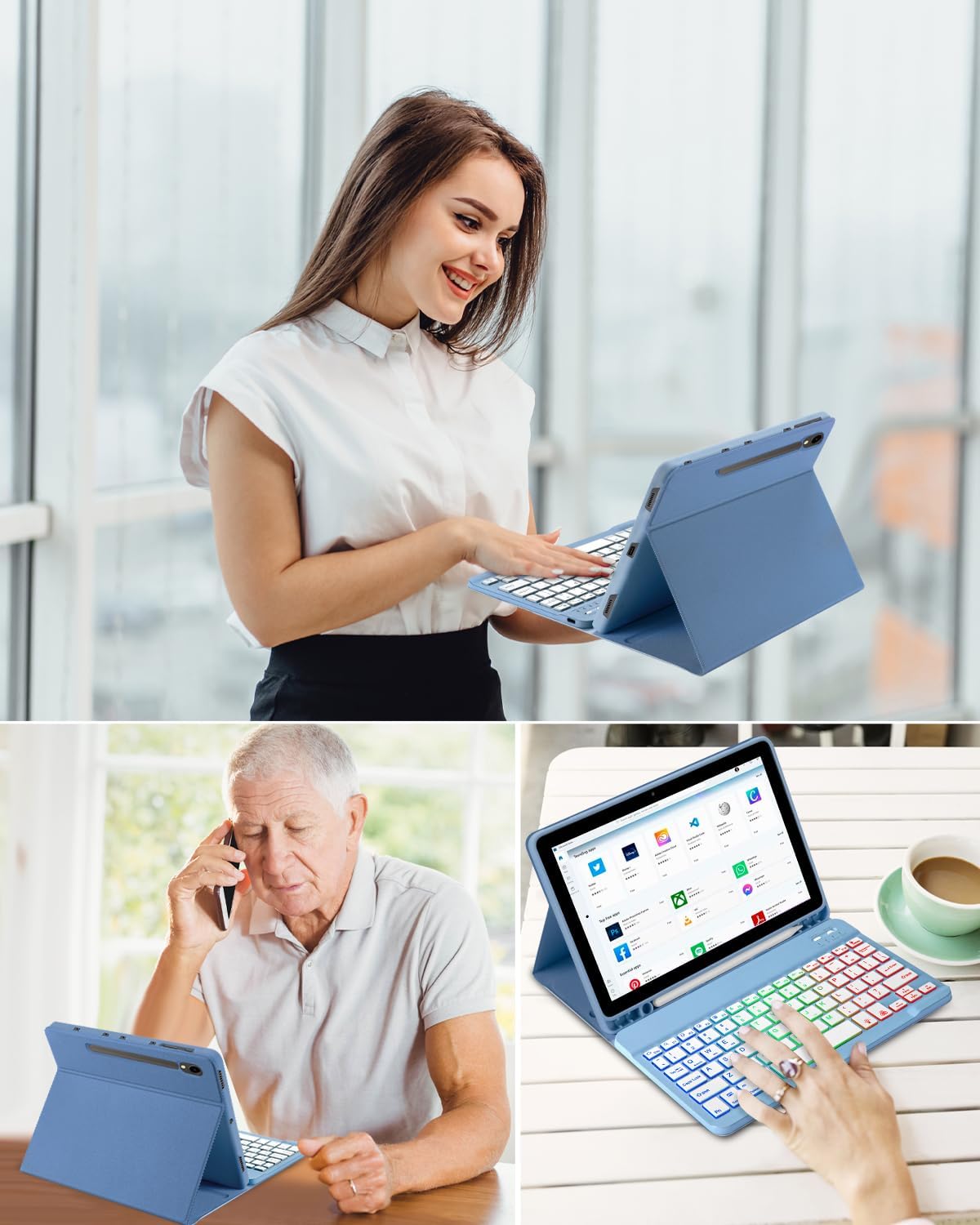 Case with Keyboard Mouse for Samsung Galaxy Tab S10 Lite/S10 FE 5G/S9 FE 10.9 Inch/S9 11 Inch,7 Color Rainbow Backlit Detachable USB-C Keypad Magnetic Cover with Pencil Holder Blue