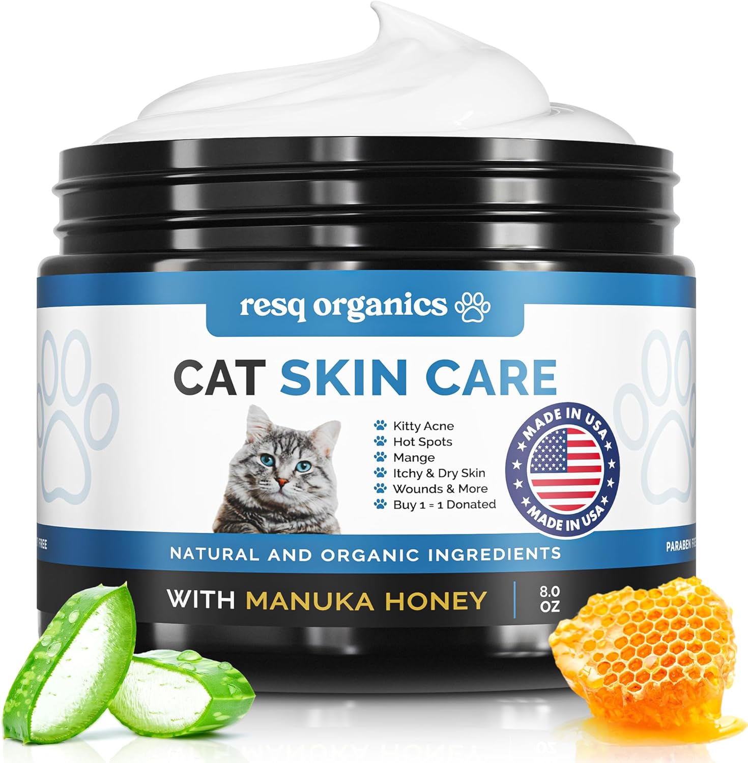 Cat Paw Balm Cat Cream 8 oz: Hot Spot Treatment for Cats Dermatitis, Mange Treatment, Cat Itchy Skin Relief for Dry Skin, Pet Wound Care, Natural Allergy Relief with Manuka Honey, Aloe Vera, Vitamin E