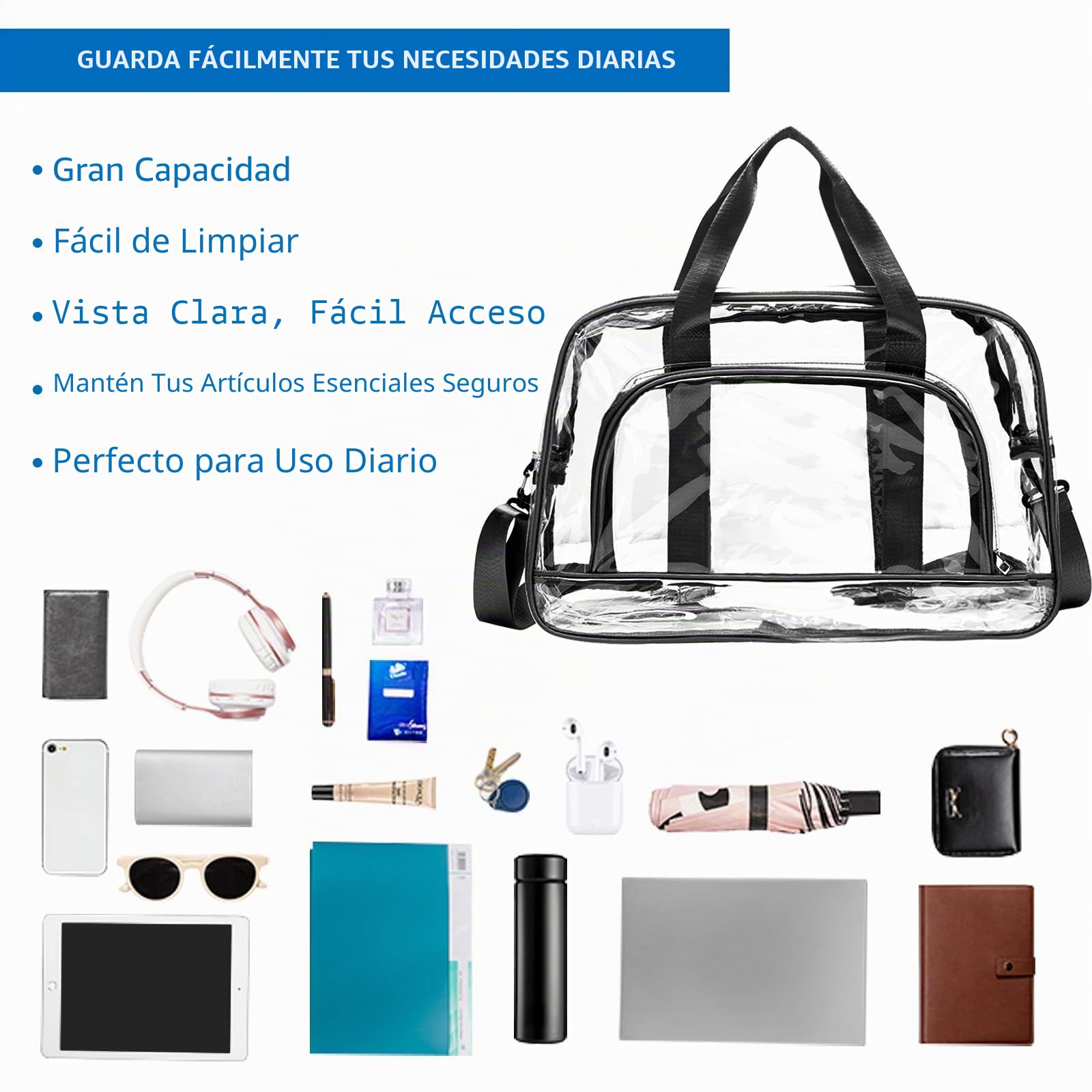 Bolsas transparentes para estadio, bolsa grande transparente con correa para el hombro, bolsa de lona para el trabajo, viajes, gimnasio, organizador de maquillaje