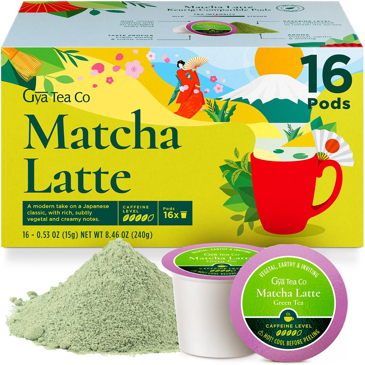 Gya Tea Co Matcha Latte Green Tea Gift Set 16 ct - High Caffeine Energy Tea Pod for