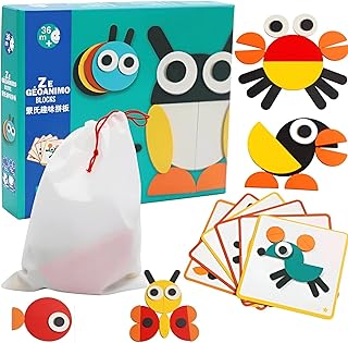 مكعبات تعليمية مبتكرة - مجموعة احجية حيوانات خشبية مع حقيبة تخزين عملية وبطاقات تصميم لدعم المهارات الحركية الدقيقة واستكشاف الأشكال عبر العصور