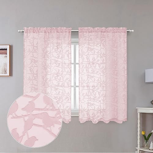 Vista 155 de OVZME - Anji Cortinas semitraslúcidas de gasa, ligeras, vaporosas, privacidad, textura, bolsillo barra doble, pájaros recortados, dormitorio, sala