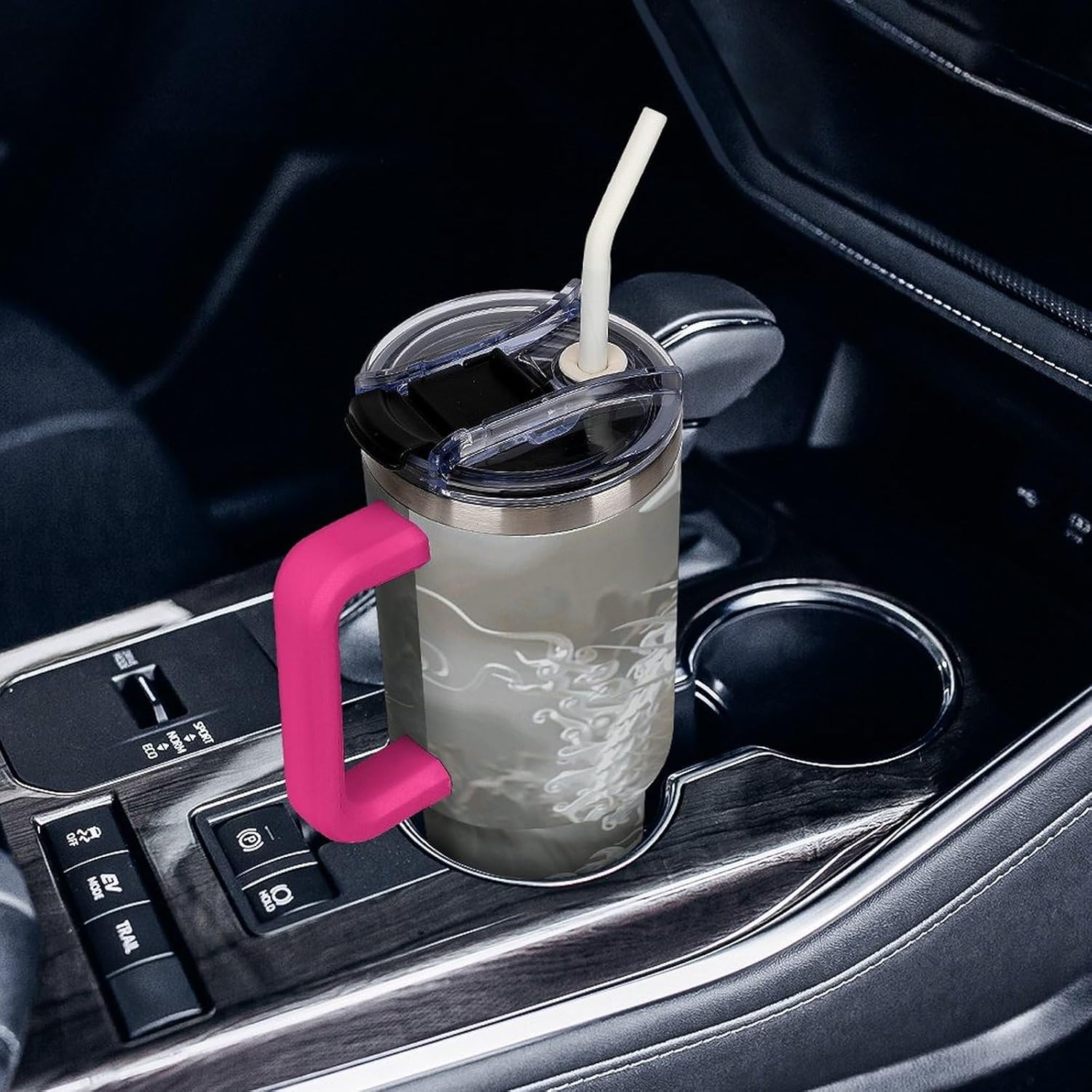 Large Car Cup with Handle&Lid Fashion White Dragon Style Tumbler Sturdy Insulated Water Bottle Stainless Steel Vacuum Travel Mug Portable Coffee Cup for Home Outdoor 40 Oz Light Rose Red-style