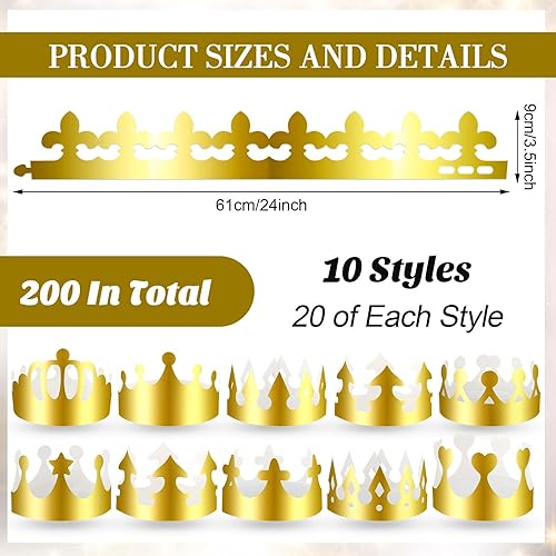 Miniatura 9 de Crtiin 200 coronas de papel doradas a granel King Gold Party Crown Princess Coronas Sombreros para fiesta de cumpleaños Celebración Suministros