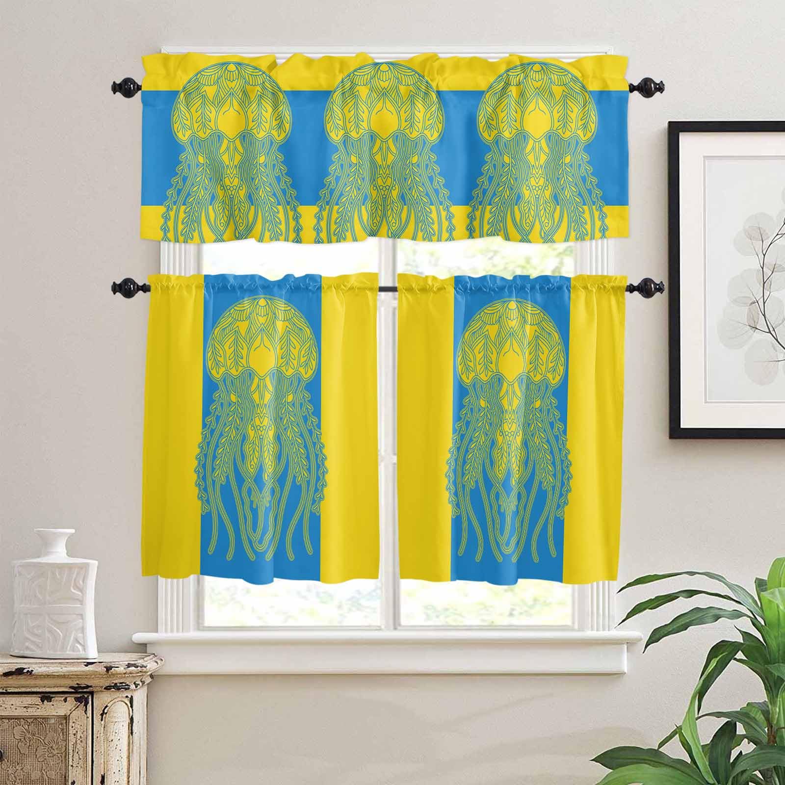 Jellyfish Blue Kitchen Curtains 36 Inch Length,3 Piece Rod Pocket Small Half Tiers and Valance Set,Boho Tropical Yellow Stripe Summer Abstract Small Large Window Treatment Decor for Bedroom/Bathroom