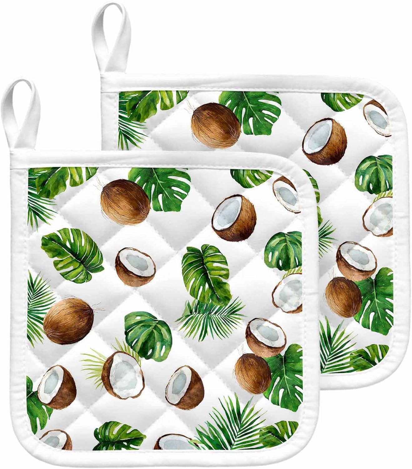 2 Pack Pot Holder for Kitchen,Summer Coconut Monstera Palm Leaf Heat-Proof Potholder with Hanging Loop Hot Pad Pot Holders for Cooking Baking BBQ,Tropical Fruit Leaves