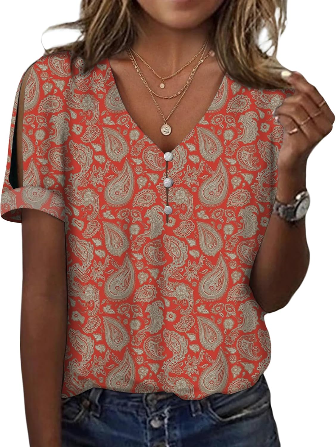 Vintage Boho Shirts for Women Short Sleeve V Neck with 3 Button Paisley Graphic Tees Casual Summer Loose Top