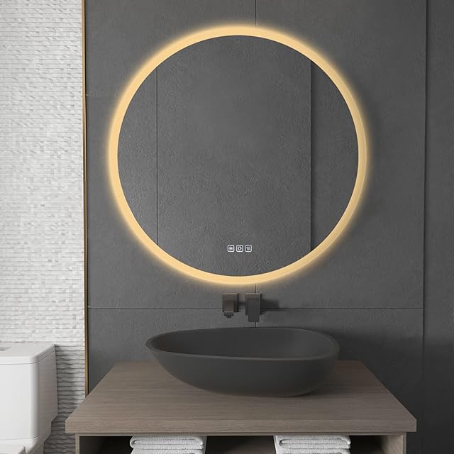furduzz IL-03-70 700mm Round Bathroom Mirror with Lights, Wall Mounted Led Bathroom Mirror, Illuminated Backlit Bathroom Circle Mirror with Touch Switch, Dimmable, 3 Colour Change, Demister