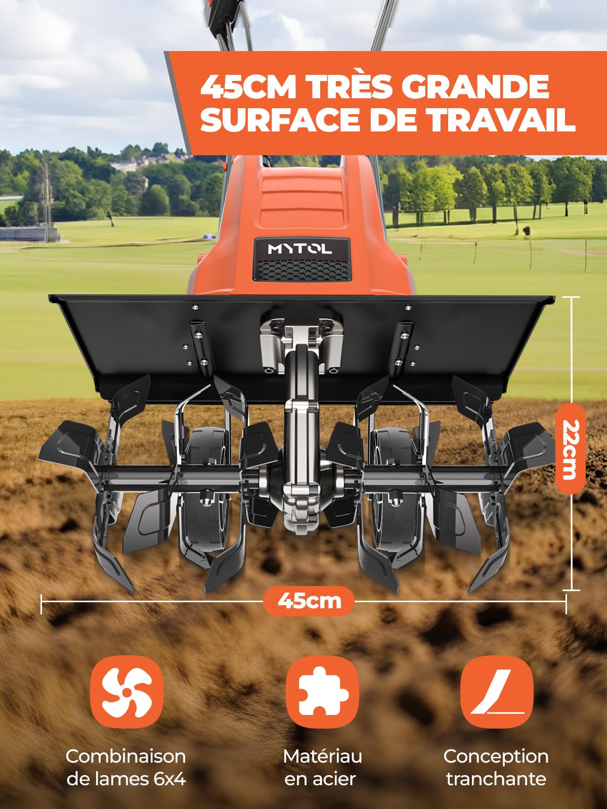 MYTOL Motobineuse Électrique 1500W, Largeur de Travail 45cm, Profondeur 22cm, Bêche Légère avec 6×4 Dents en Acier Robuste, Poignée Pliable, Double Bouton de Sécurité, Protection contre la Surchauffe