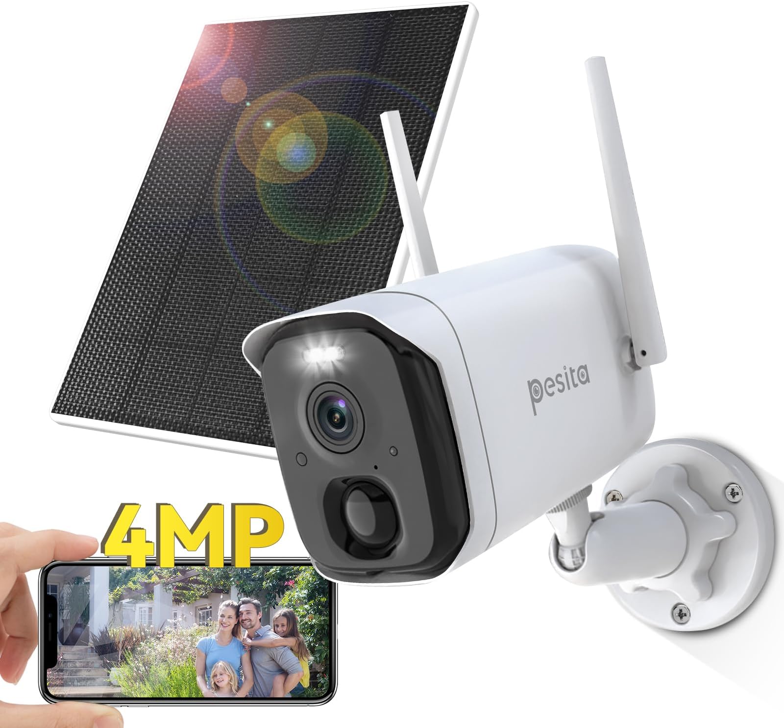 PESITA Solar Wireless Camera Outdoor - 4MP HD Cameras for Home Security with 2.4Ghz WiFi Cam, Color Night Vision, 2-Way Talk, AI Motion Detection, Secure SD/Cloud Storage (White)