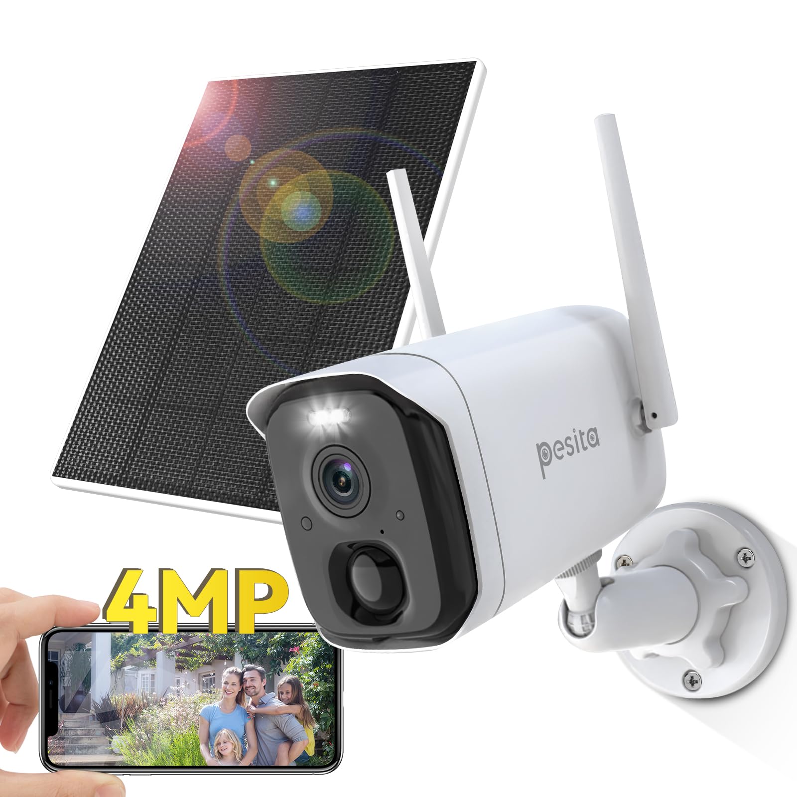 PESITA Solar Wireless Camera Outdoor - 4MP HD Cameras for Home Security with 2.4Ghz WiFi Cam, Color Night Vision, 2-Way Talk, AI Motion Detection, Secure SD/Cloud Storage (White)
