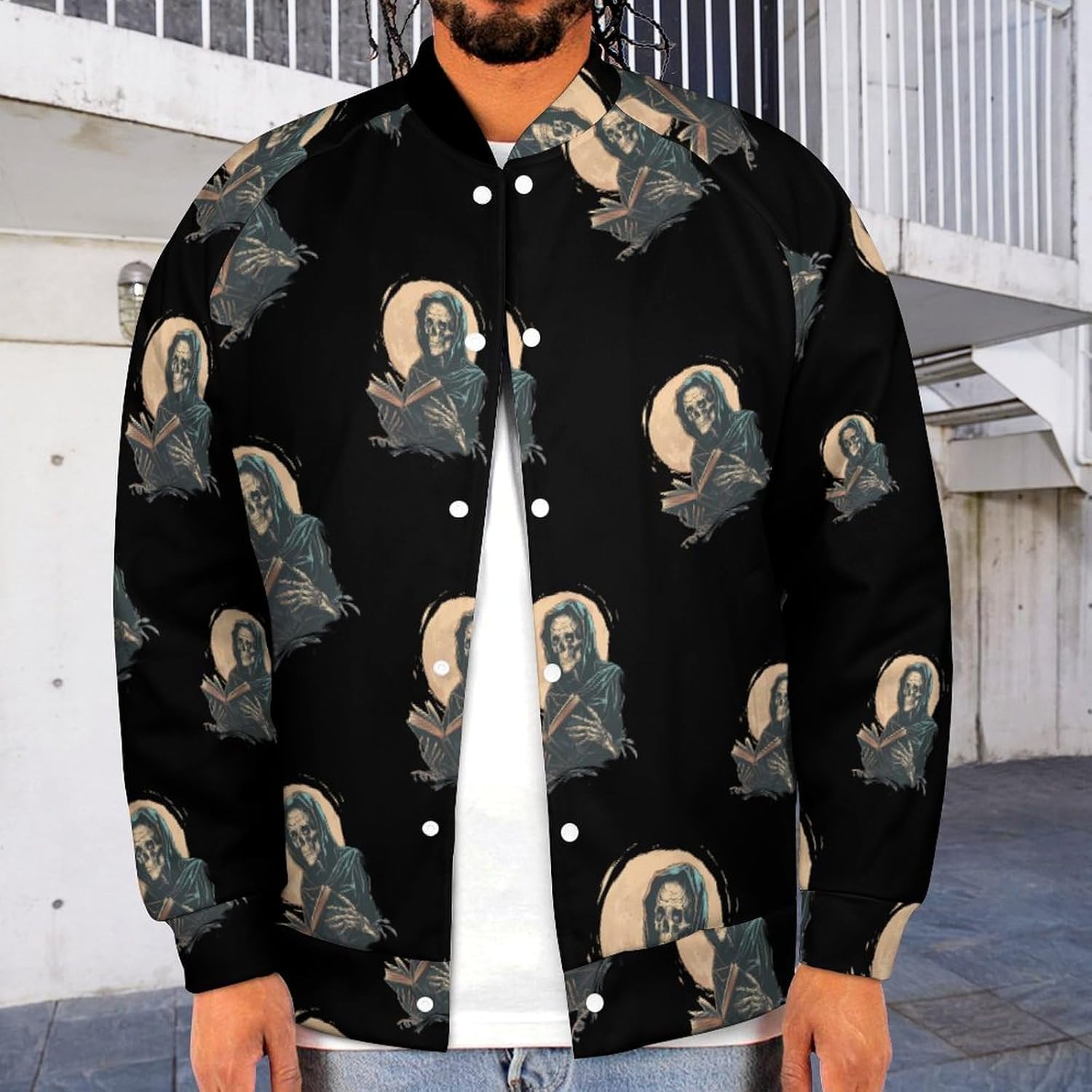 Reading Skeleton Moon Novelty Men's Baseball Jackets Causal Sweatshirt Button Top Long Sleeve Coat