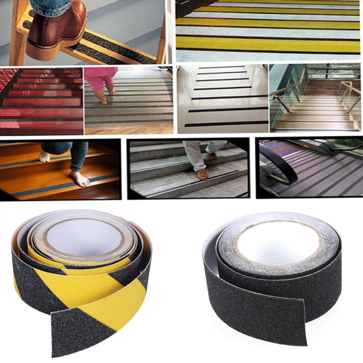 KOMBIUDA 2 Nastro Antiscivolo Sicurezza Nero Giallo Adesivo per Gradini e Aree Rischio Resistente e Ben Segnalato per Uso ed Esterno