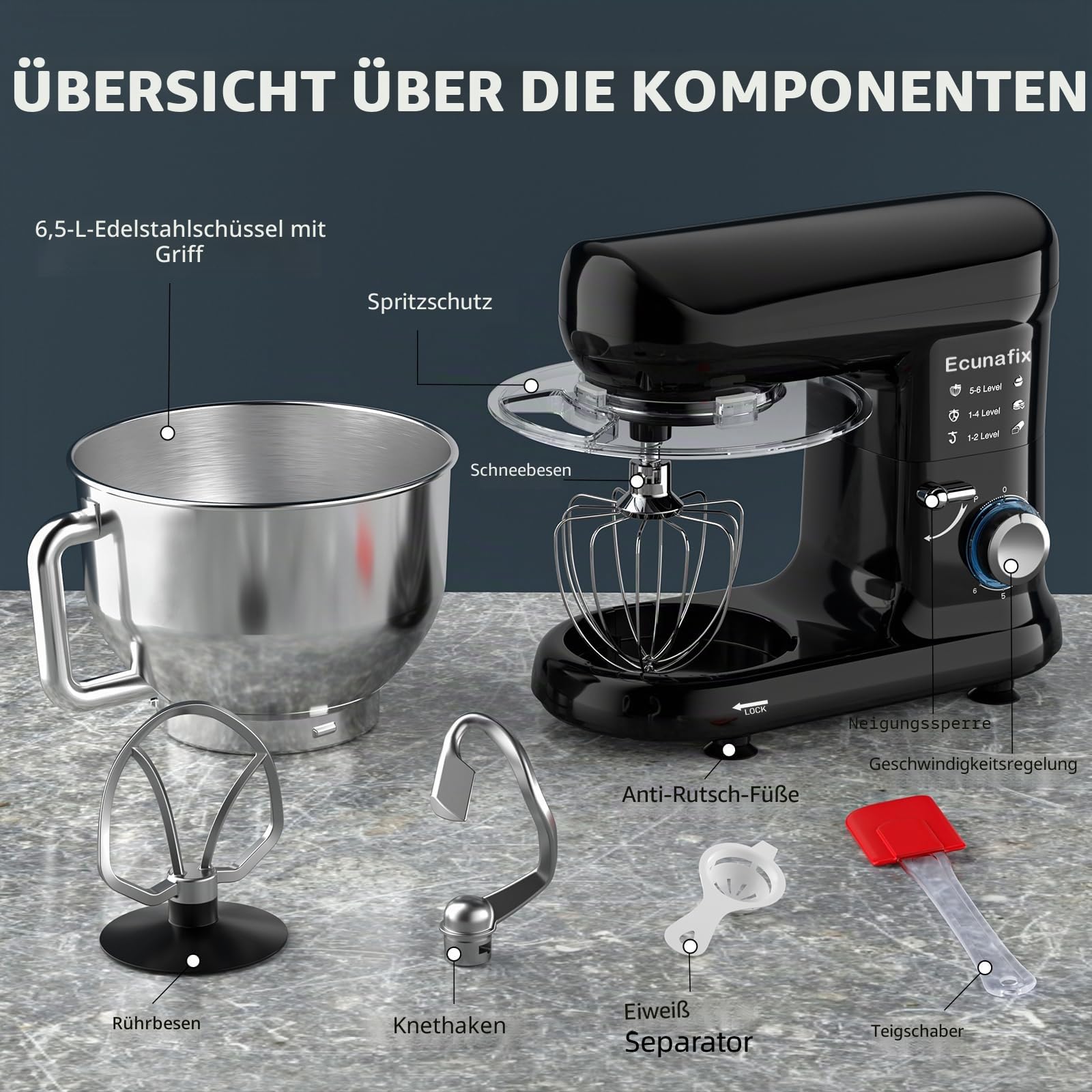 Küchenmaschine Knetmaschine 2000W Teigmaschine Rührmaschine mit 6,5L Edelstahl Schüssel 6 Geschwindigkeiten Geräuscharme Teigknetmaschine inkl Rührbesen, Knethaken, Schläger und Spritzschutz